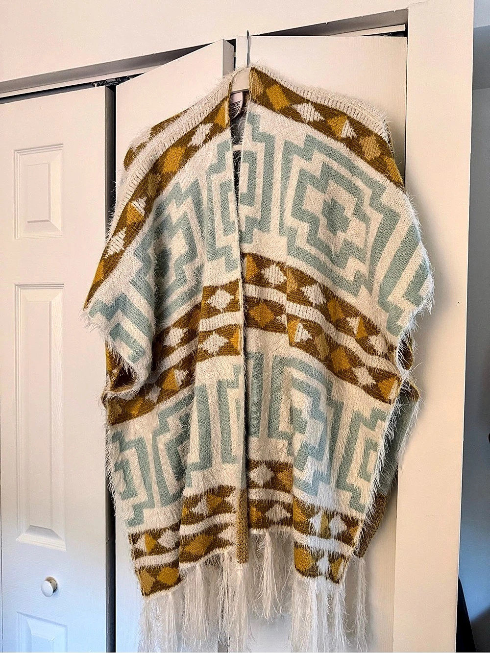 Free People Boho Diamond and Geometric Pattern Poncho with Fringe